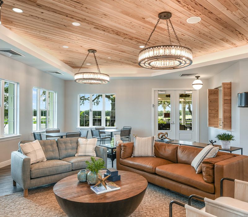 Living room with wood ceiling